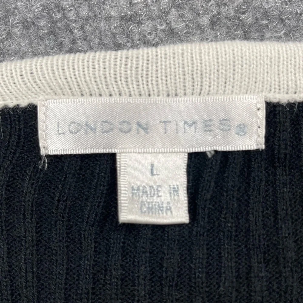 London Times Dress Womens Large Black White‎ Rose Ribbed Knit Sweater Acrylic